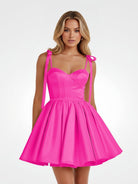 Mirel | Hot Pink - Spaghetti Straps Satin Pleated A Line Homecoming Dresses With Bow - KissProm