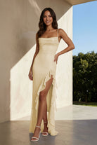Miren | Champagne - Sheath Spaghetti Straps Sequins Pleated Long Prom Dresses With Ruffles - KissProm