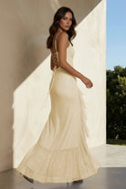 Miren | Champagne - Sheath Spaghetti Straps Sequins Pleated Long Prom Dresses With Ruffles - KissProm