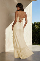 Miren | Champagne - Sheath Spaghetti Straps Sequins Pleated Long Prom Dresses With Ruffles - KissProm