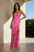 Miren | Hot Pink - Sheath Spaghetti Straps Sequins Pleated Long Prom Dresses With Ruffles - KissProm