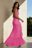 Miren | Hot Pink - Sheath Spaghetti Straps Sequins Pleated Long Prom Dresses With Ruffles - KissProm