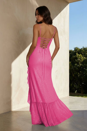 Miren | Pink - Sheath Spaghetti Straps Sequins Pleated Long Prom Dresses With Ruffles - KissProm