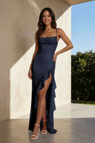 Miren | Navy Blue - Sheath Spaghetti Straps Sequins Pleated Long Prom Dresses With Ruffles - KissProm