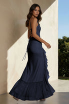 Miren | Navy Blue - Sheath Spaghetti Straps Sequins Pleated Long Prom Dresses With Ruffles - KissProm