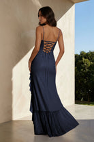 Miren | Navy Blue - Sheath Spaghetti Straps Sequins Pleated Long Prom Dresses With Ruffles - KissProm