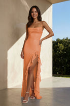 Miren | Orange - Sheath Spaghetti Straps Sequins Pleated Long Prom Dresses With Ruffles - KissProm