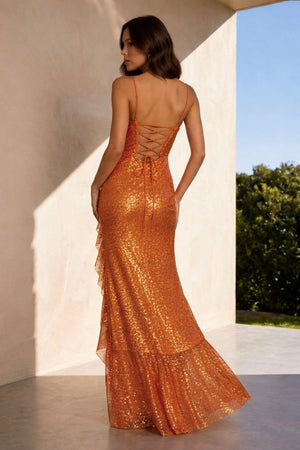 KissProm-Orange  Sheath Spaghetti Straps Sequins Pleated Long Prom Dresses With Ruffles