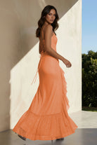 Miren | Orange - Sheath Spaghetti Straps Sequins Pleated Long Prom Dresses With Ruffles - KissProm