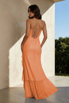 Miren | Orange - Sheath Spaghetti Straps Sequins Pleated Long Prom Dresses With Ruffles - KissProm