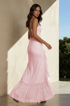 Miren | Pink - Sheath Spaghetti Straps Sequins Pleated Long Prom Dresses With Ruffles - KissProm
