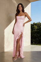 Miren | Pink - Sheath Spaghetti Straps Sequins Pleated Long Prom Dresses With Ruffles - KissProm