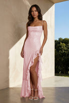 Miren | Pink - Sheath Spaghetti Straps Sequins Pleated Long Prom Dresses With Ruffles - KissProm