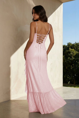Miren | Pink - Sheath Spaghetti Straps Sequins Pleated Long Prom Dresses With Ruffles - KissProm