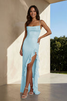 Miren | Sky Blue - Sheath Spaghetti Straps Sequins Pleated Long Prom Dresses With Ruffles - KissProm