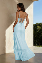 Miren | Sky Blue - Sheath Spaghetti Straps Sequins Pleated Long Prom Dresses With Ruffles - KissProm