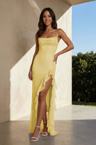 Miren | Yellow - Sheath Spaghetti Straps Sequins Pleated Long Prom Dresses With Ruffles - KissProm