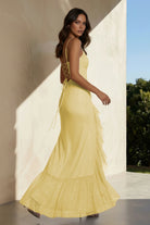 Miren | Yellow - Sheath Spaghetti Straps Sequins Pleated Long Prom Dresses With Ruffles - KissProm
