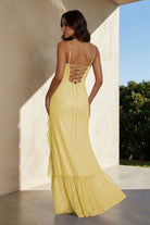Miren | Yellow - Sheath Spaghetti Straps Sequins Pleated Long Prom Dresses With Ruffles - KissProm