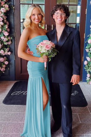 Mireon | Blue - Sheath Strapless Pleated Chiffon Long Prom Dresses - KissProm