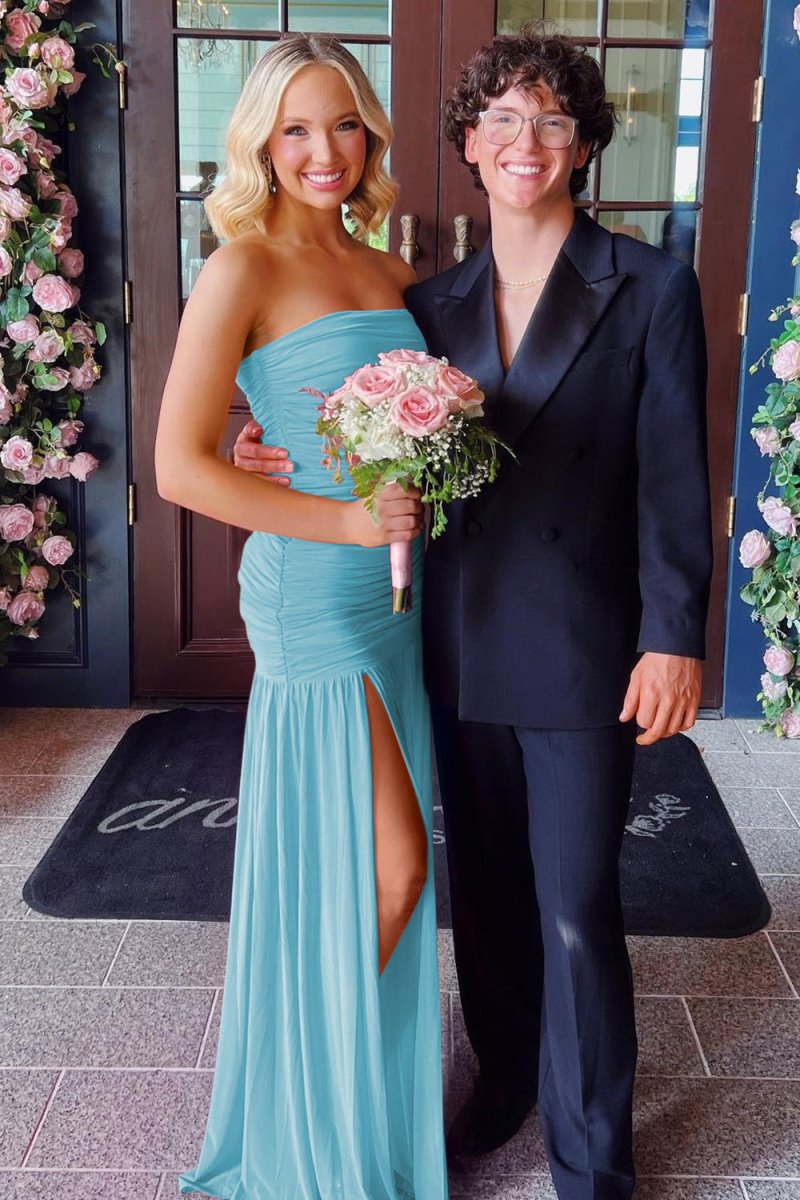 Mireon | Hot Pink - Sheath Strapless Pleated Chiffon Long Prom Dresses - KissProm