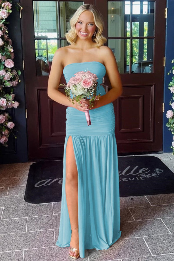 Mireon | Blue - Sheath Strapless Pleated Chiffon Long Prom Dresses - KissProm