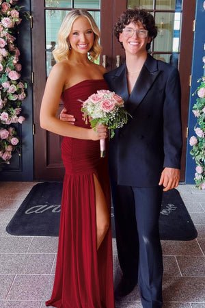 Mireon | Burgundy - Sheath Strapless Pleated Chiffon Long Prom Dresses - KissProm