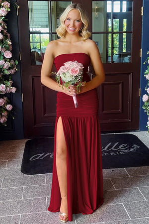 Mireon | Burgundy - Sheath Strapless Pleated Chiffon Long Prom Dresses - KissProm