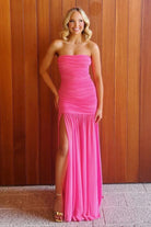 Mireon | Hot Pink - Sheath Strapless Pleated Chiffon Long Prom Dresses - KissProm