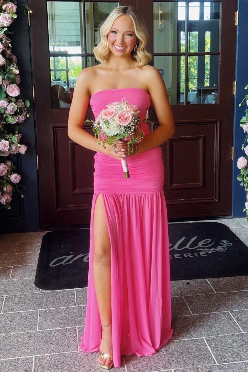 Mireon | Hot Pink - Sheath Strapless Pleated Chiffon Long Prom Dresses - KissProm