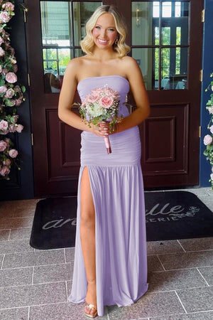 Mireon | Lavender - Sheath Strapless Pleated Chiffon Long Prom Dresses - KissProm