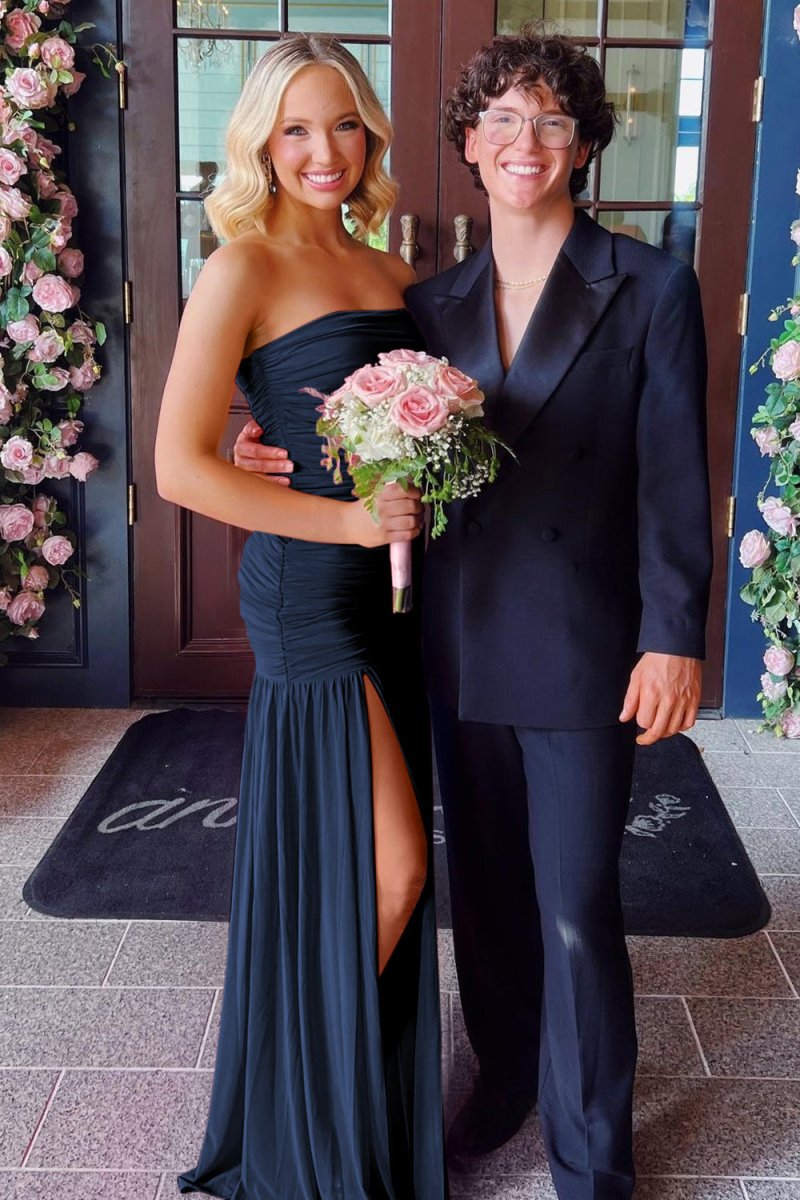 Mireon | Hot Pink - Sheath Strapless Pleated Chiffon Long Prom Dresses - KissProm