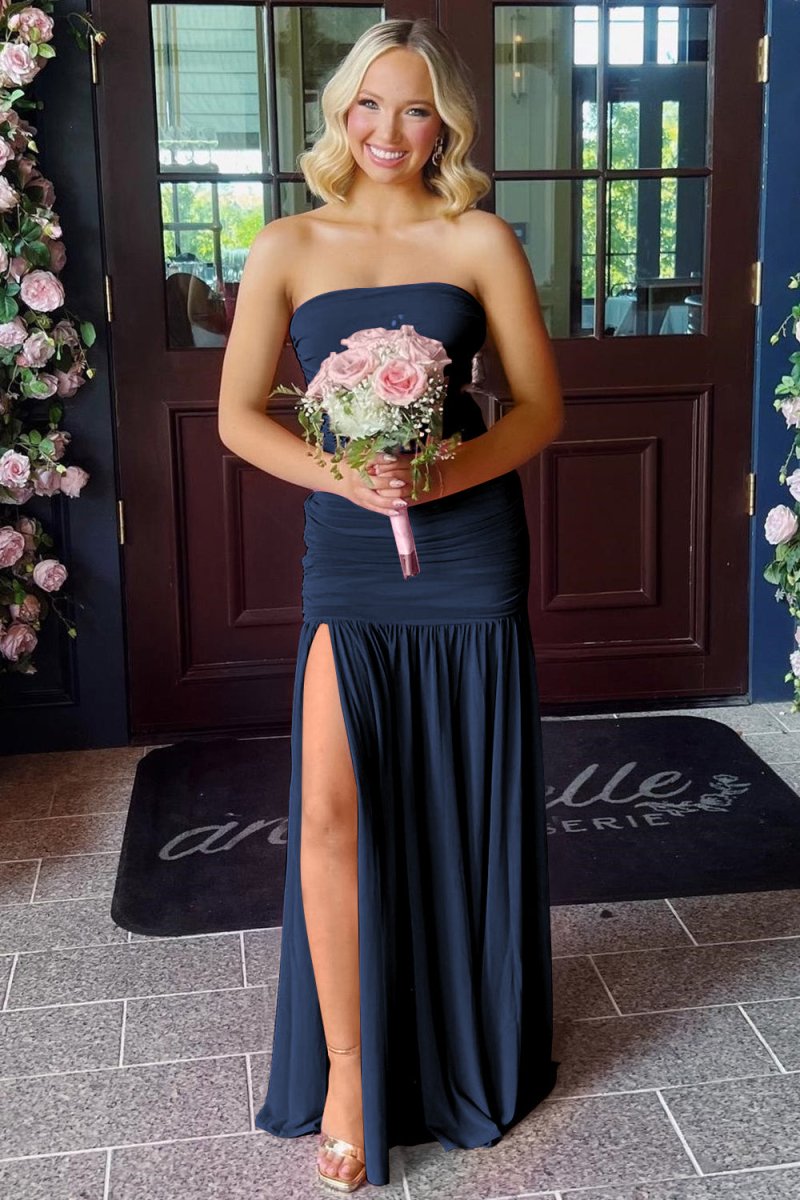 Mireon | Hot Pink - Sheath Strapless Pleated Chiffon Long Prom Dresses - KissProm