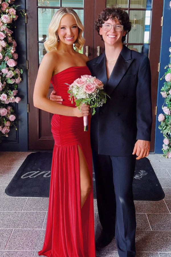 Mireon | Red - Sheath Strapless Pleated Chiffon Long Prom Dresses - KissProm