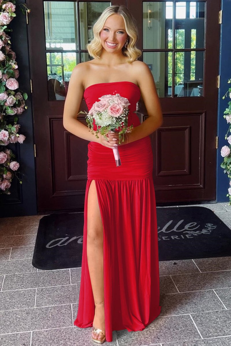 Mireon | Hot Pink - Sheath Strapless Pleated Chiffon Long Prom Dresses - KissProm