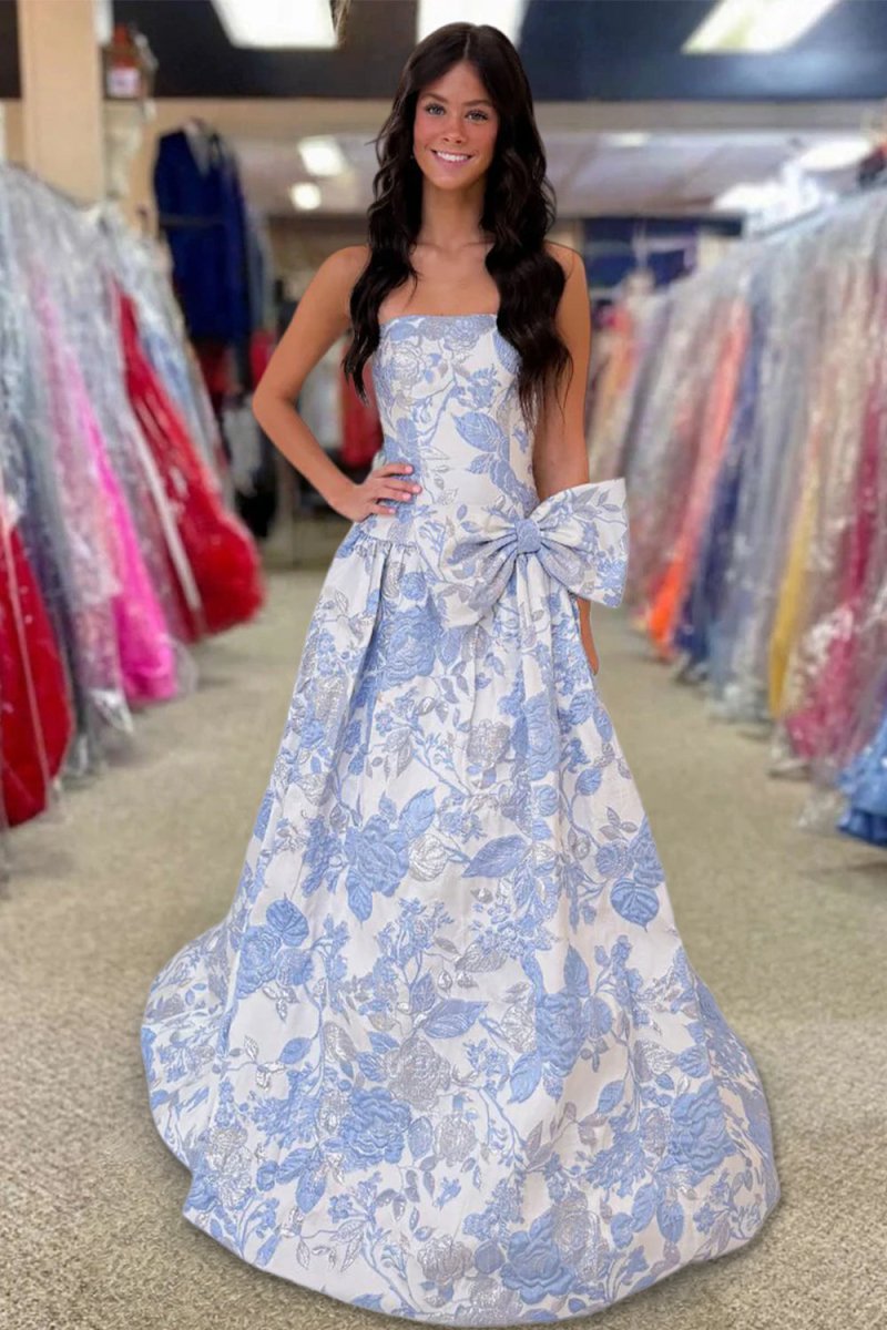 Lavender Strapless A Line Floral Printed Long Formal Prom Dresses With Bow Blue / 0 Lavender Strapless A Line Floral Printed Long Formal Prom Dresses With Bow Blue / 0