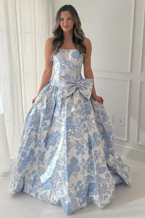 Mireva | Blue - Strapless A Line Floral Printed Long Formal Prom Dresses With Bow - KissProm