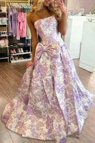 Mireva | Lavender - Strapless A Line Floral Printed Long Formal Prom Dresses With Bow - KissProm