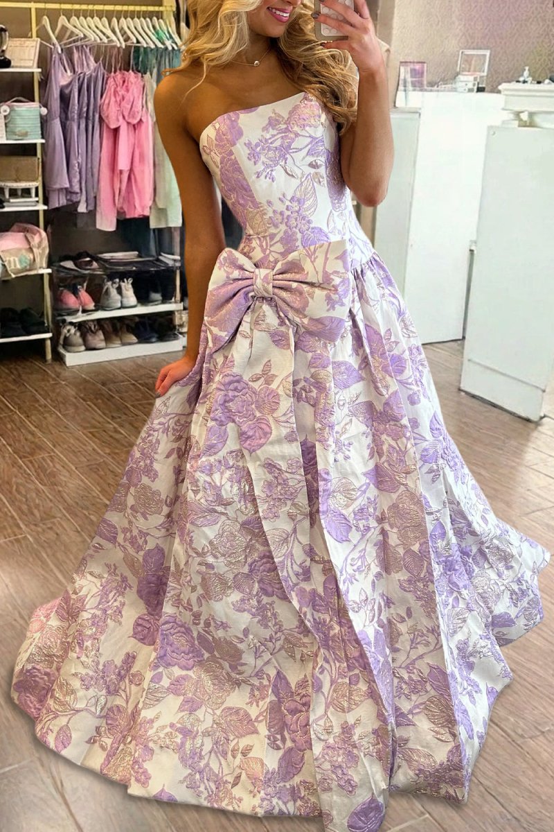 Mireva | Lavender - Strapless A Line Floral Printed Long Formal Prom Dresses With Bow - KissProm