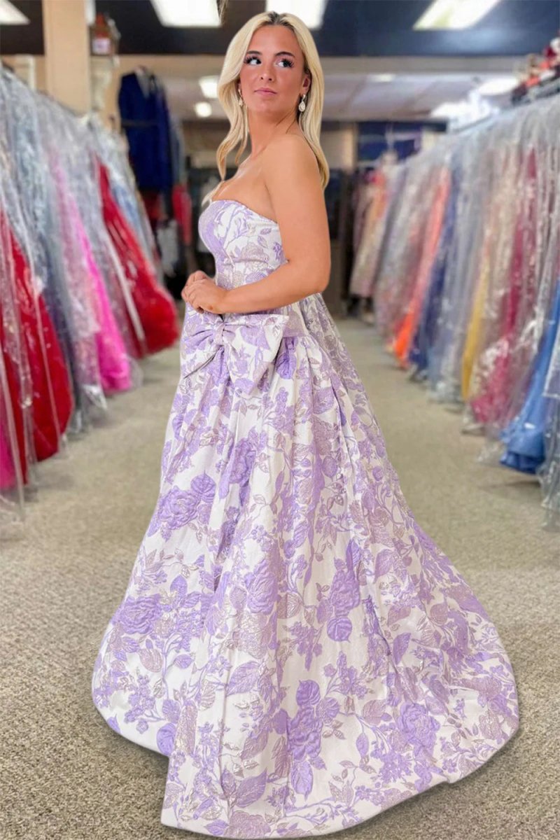Mireva | Lavender - Strapless A Line Floral Printed Long Formal Prom Dresses With Bow - KissProm