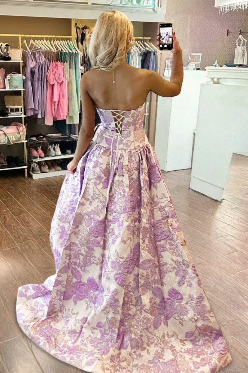 Lavender Strapless A Line Floral Printed Long Formal Prom Dresses With Bow Lavender / 12 Lavender Strapless A Line Floral Printed Long Formal Prom Dresses With Bow Lavender / 12