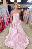 Mireva | Pink - Strapless A Line Floral Printed Long Formal Prom Dresses With Bow - KissProm