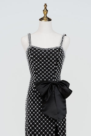 Mirielle | Black - Spaghetti Straps Sheath Satin Beaded Formal Prom Dresses With Bowknot - KissProm