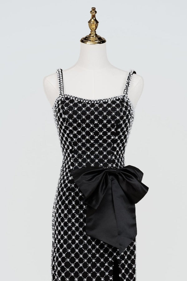 Mirielle | Black - Spaghetti Straps Sheath Satin Beaded Formal Prom Dresses With Bowknot - KissProm