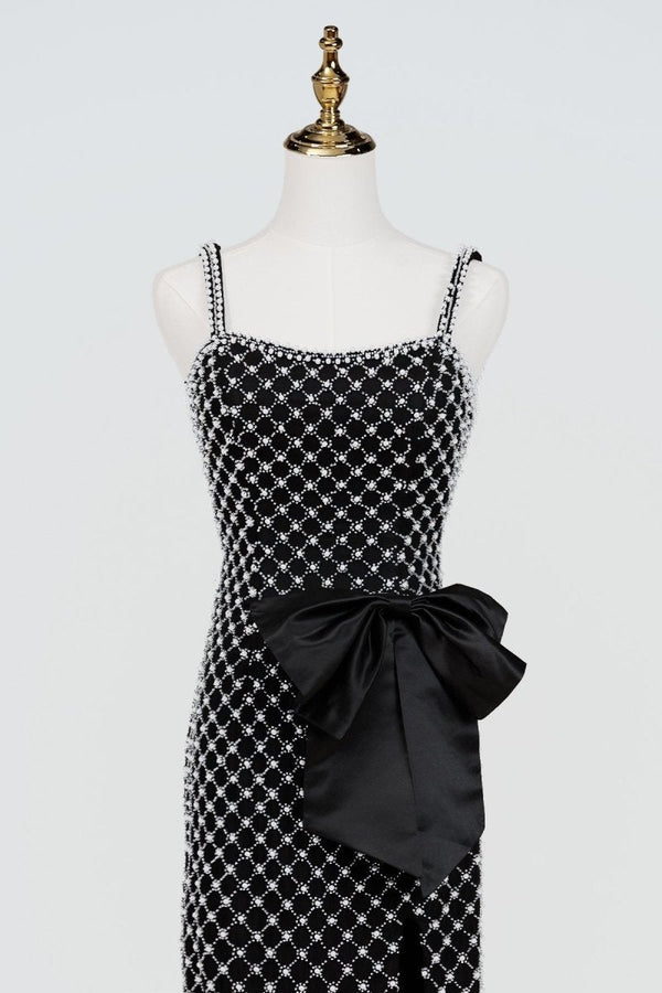Mirielle | Black - Spaghetti Straps Sheath Satin Beaded Formal Prom Dresses With Bowknot - KissProm