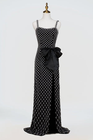 Mirielle | Black - Spaghetti Straps Sheath Satin Beaded Formal Prom Dresses With Bowknot - KissProm