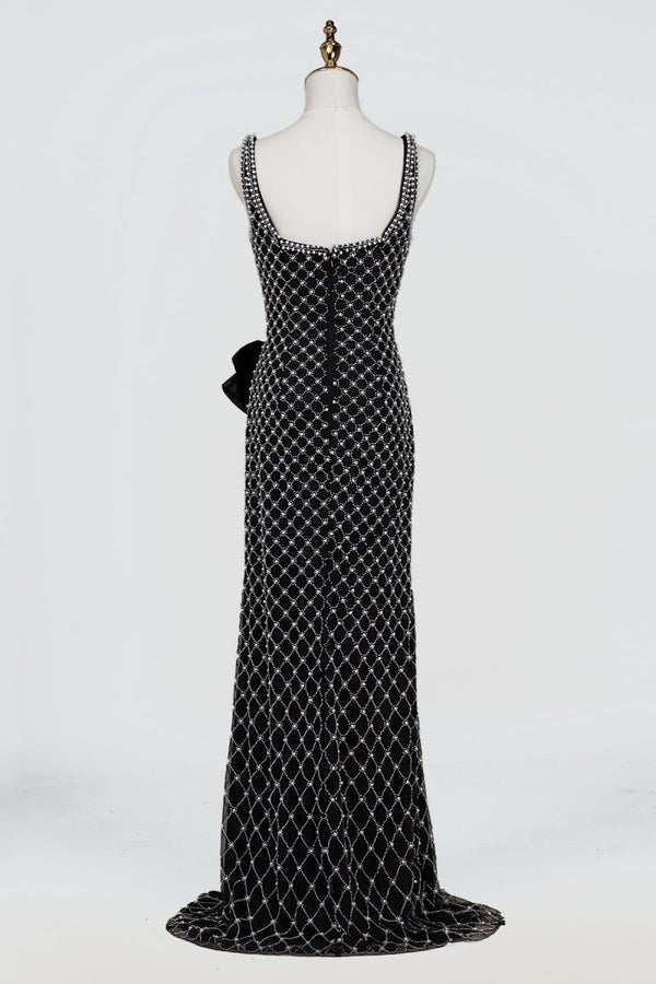 Mirielle | Black - Spaghetti Straps Sheath Satin Beaded Formal Prom Dresses With Bowknot - KissProm