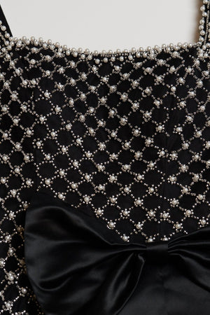 Mirielle | Black - Spaghetti Straps Sheath Satin Beaded Formal Prom Dresses With Bowknot - KissProm