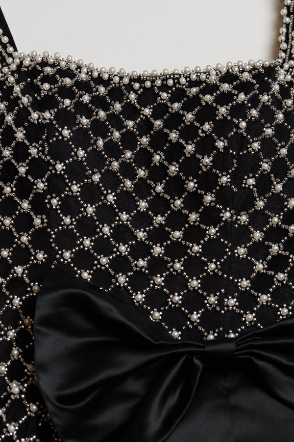 Mirielle | Black - Spaghetti Straps Sheath Satin Beaded Formal Prom Dresses With Bowknot - KissProm