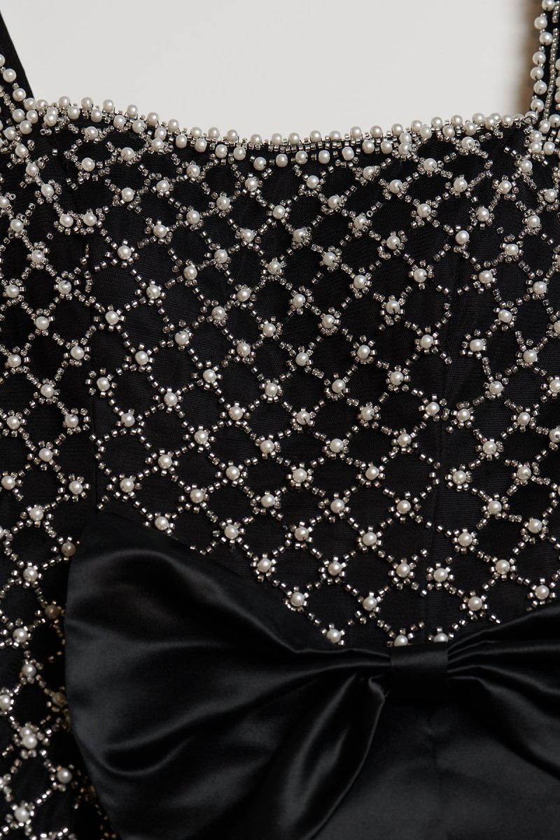 Mirielle | Black - Spaghetti Straps Sheath Satin Beaded Formal Prom Dresses With Bowknot - KissProm